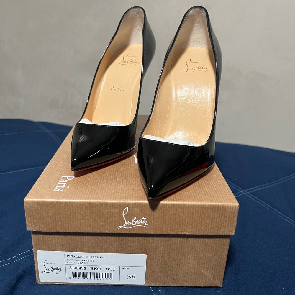 Christian Louboutin Black Patent Leather Pigalle Follies 100 Pumps